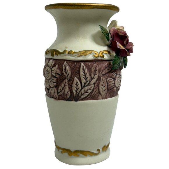 Flomo Ceramic Bud Vase 5.5" Raised Rose Floral Gold Trim Vintage Accent - Picture 2 of 6